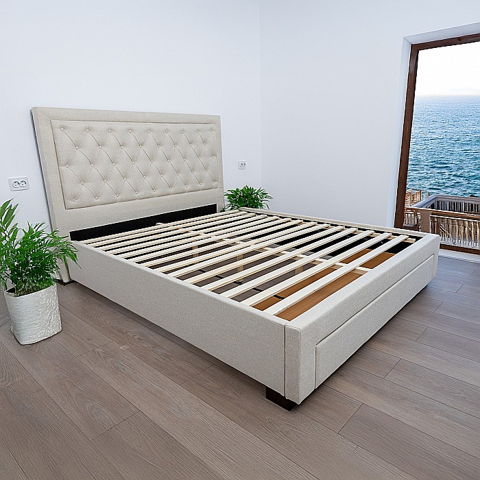 Set pat matrimonial cu sertar Austin, elemente lemn masiv, tapitat cu stofa, cu somiera, crem si saltea ortopedica Optima Bamboo, arcuri, margine antilasare, sistem de aerisire 140x200 cm [5]
