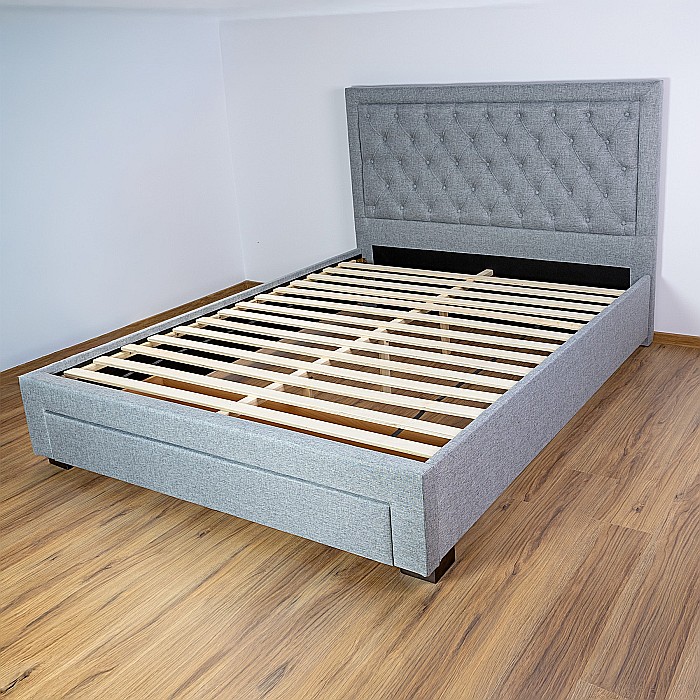 Set pat matrimonial cu sertar Austin, elemente lemn masiv, tapitat cu stofa, cu somiera, gri si saltea ortopedica Optima Silver, arcuri, margine antilasare, sistem de aerisire,160x200 cm [10]