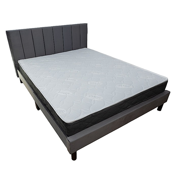Set pat tapitat Limess, elemente lemn masiv, catifea, somiera inclusa, gri si saltea ortopedica Optima Silver Care, plasa de arcuri, reversibila, 140x200 cm [2]