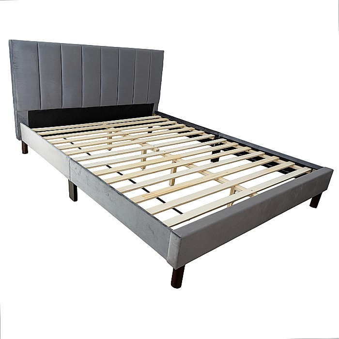Set pat tapitat Limess, elemente lemn masiv, catifea, somiera inclusa, gri si saltea ortopedica Optima Silver Care, plasa de arcuri, reversibila, 160x200 cm [4]