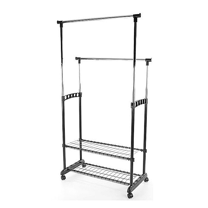 Stender haine cu suport incaltaminte dublu SL Nova II Bis, metalic, cu roti, inaltime ajustabila, solid, negru/argintiu [4]