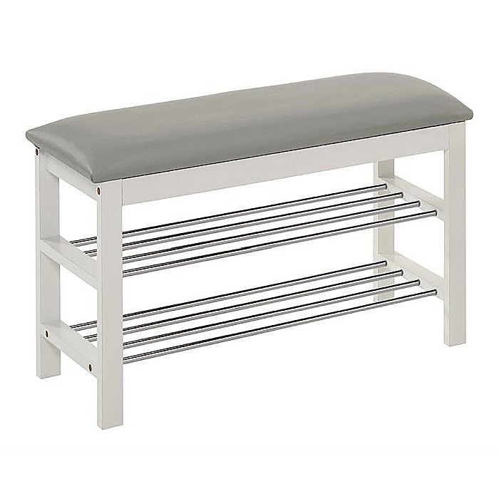 Suport pentru pantofi HM ST11, cu bancheta, lemn masiv, piele ecologica, 2 rafturi metalice, capacitate 8 perechi, alb [2]