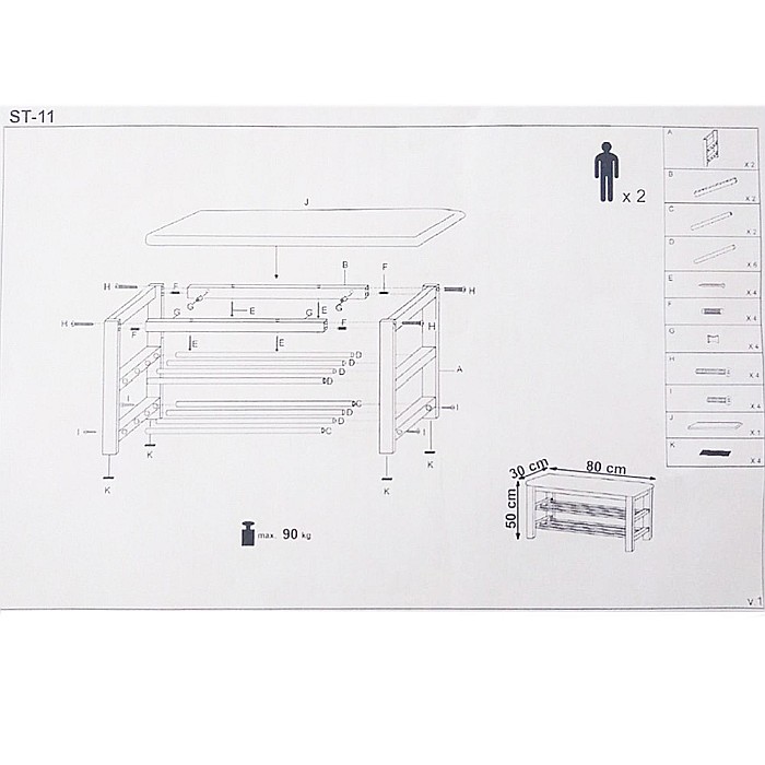 Suport pentru pantofi HM ST11, cu bancheta, lemn masiv, piele ecologica, 2 rafturi metalice, capacitate 8 perechi, negru/natur [2]