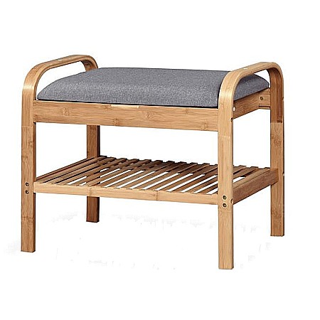 Produse - Banca pentru hol cu suport pantofi HM ST12, lemn masiv, stofa, capacitate 4 perechi, gri/natur