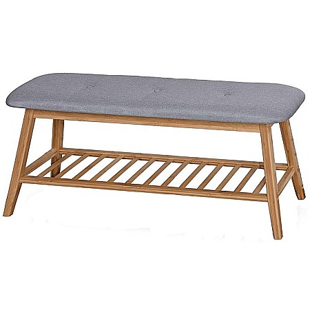 Bancheta cu suport pentru pantofi HM ST15, lemn masiv, stofa, capacitate 10 perechi, gri/natur