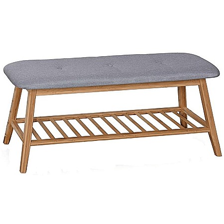 Bancheta cu suport pentru pantofi HM ST15, lemn masiv, stofa, capacitate 10 perechi, gri/natur [1]