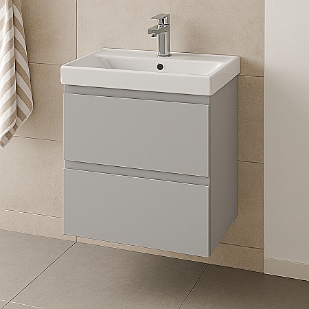 Baza cu lavoar ceramic CS9721, mobilier baie suspendat 50 cm, dreptunghiular, front MDF, 2 sertare, glisiere soft close, gri [4]