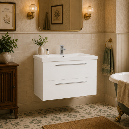 Produse - Baza cu lavoar ceramic GN0541, mobilier baie suspendat 80 cm, front MDF, 2 sertare, glisiere soft close, alb