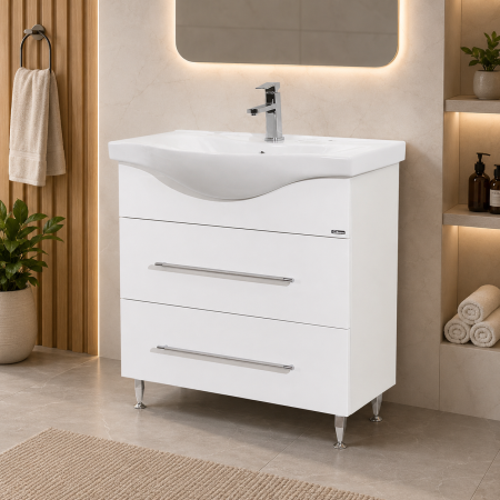Baze cu lavoar - Baza cu lavoar ceramic GN1871, mobilier baie 80 cm, front MDF, 1 sertar, 1 usa, glisiere soft close, picioare cromate reglabile, alb
