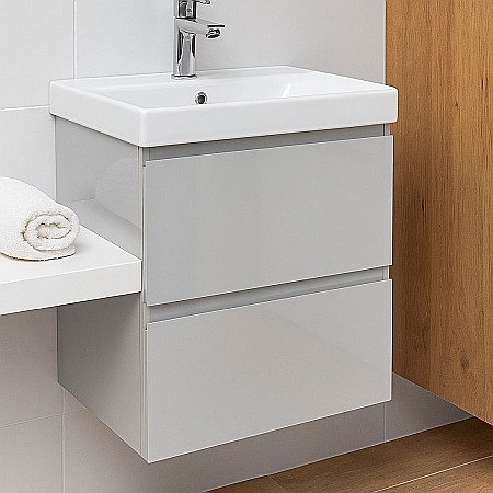 Baza si lavoar ceramic CS9731, mobilier baie suspendat 50 cm, dreptunghiular, front MDF, 2 sertare, glisiere soft close, alb [2]