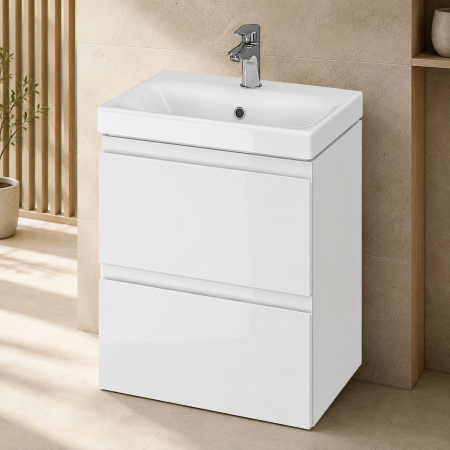 Baza si lavoar ceramic CS9731, mobilier baie suspendat 50 cm, dreptunghiular, front MDF, 2 sertare, glisiere soft close, alb