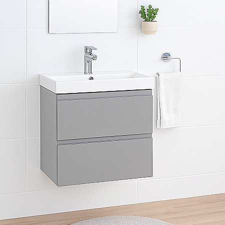 Baza si lavoar ceramic CS9741, mobilier baie suspendat 80 cm, dreptunghiular, front MDF, 2 sertare, glisiere soft close, gri [2]