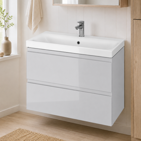 Mobilier - Baza si lavoar ceramic CS9741, mobilier baie suspendat 80 cm, dreptunghiular, front MDF, 2 sertare, glisiere soft close, gri