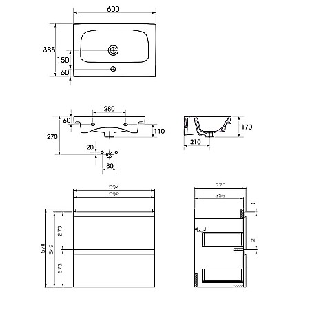 Baza si lavoar ceramic CS9761, mobilier baie suspendat 60 cm, dreptunghiular, front MDF, 2 sertare, glisiere soft close, gri [5]