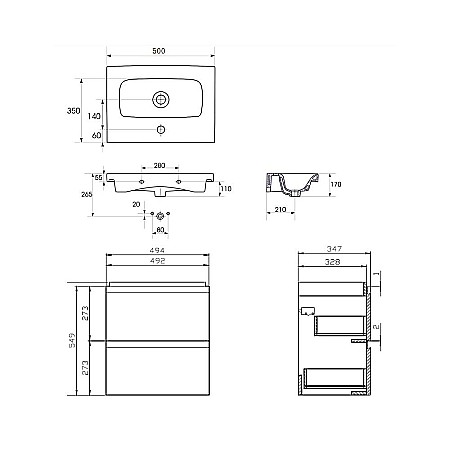 Baza si lavoar ceramic CS9821 Slim, mobilier baie suspendat 50 cm, dreptunghiular, front MDF, 2 sertare, glisiere soft close, gri [4]