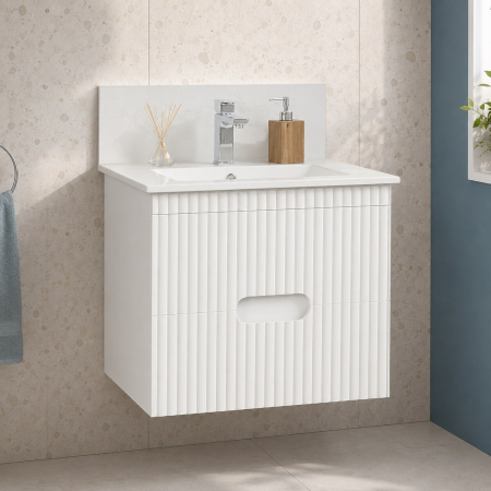 Mobilier baie - Baza si lavoar ceramic GN0091, mobilier baie suspendat 60 cm, dreptunghiular, front MDF, sertare soft close, alb