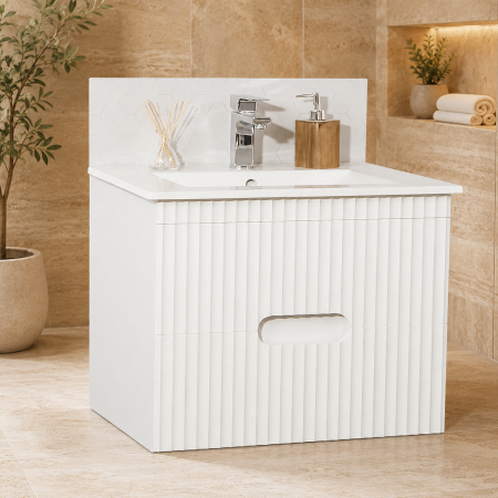 Mobilier baie - Baza si lavoar ceramic GN0091, mobilier baie suspendat 70 cm, dreptunghiular, front MDF, sertare soft close, alb