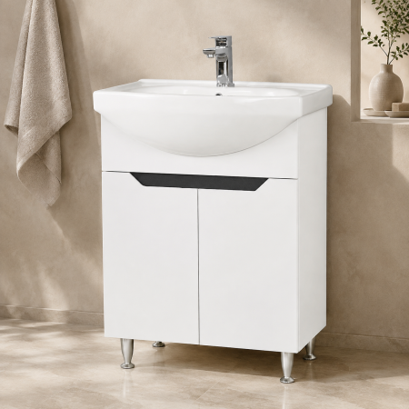 Baza si lavoar ceramic GN0501, mobilier baie stativ 60 cm, circular, front MDF, 2 usi, 2 rafturi, picioare cromate reglabile, alb/antracit