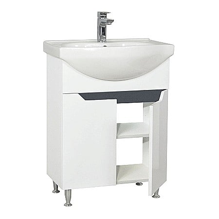 Baza si lavoar ceramic GN0501, mobilier baie stativ 60 cm, circular, front MDF, 2 usi, 2 rafturi, picioare cromate reglabile, alb/antracit [2]