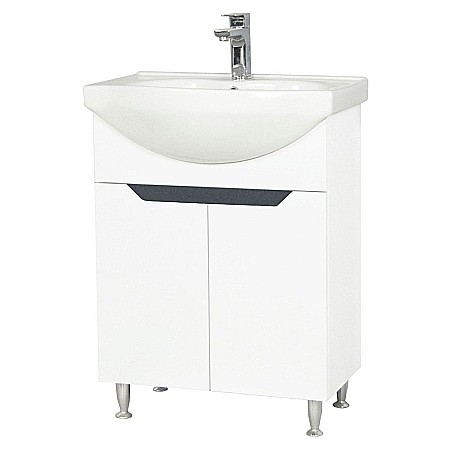 Baza si lavoar ceramic GN0501, mobilier baie stativ 60 cm, circular, front MDF, 2 usi, 2 rafturi, picioare cromate reglabile, alb/antracit