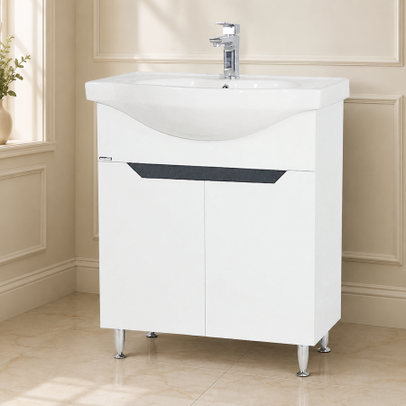 Baza si lavoar ceramic GN0501, mobilier baie stativ 70 cm, circular, front MDF, 2 usi, 2 rafturi, picioare cromate reglabile, alb/antracit