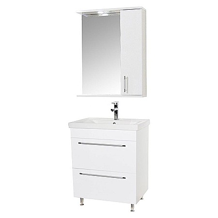 Baze cu lavoar - Baza si lavoar ceramic GN0541 cu oglinda dulap GN0201, mobilier baie stativ 60 cm, front MDF, 2 sertare, picioare cromate reglabile, LED, alb
