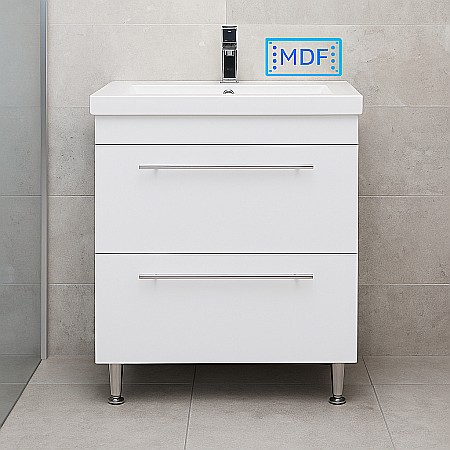 Baza si lavoar ceramic GN0541 cu oglinda dulap GN0201, mobilier baie stativ 60 cm, front MDF, 2 sertare, picioare cromate reglabile, LED, alb [8]
