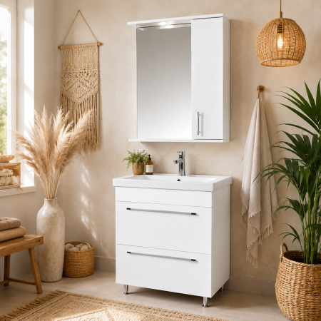 Baze cu lavoar - Baza si lavoar ceramic GN0541 cu oglinda dulap GN0201, mobilier baie stativ 60 cm, front MDF, 2 sertare, picioare cromate reglabile, LED, alb