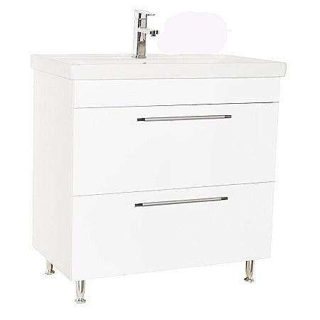 Baze cu lavoar - Baza si lavoar ceramic GN0541, mobilier baie 80 cm, 2 sertare front MDF, glisiere soft close, picioare cromate reglabile, alb