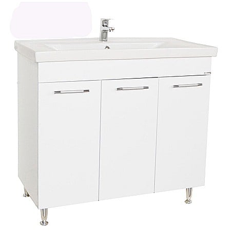 Baze cu lavoar - Baza si lavoar ceramic GN0541, mobilier baie stativ 80 cm, front MDF, 3 usi, 4 rafturi, balamale soft close, picioare cromate reglabile, alb