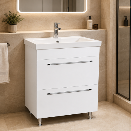 Baze cu lavoar - Baza si lavoar ceramic GN0541, mobilier baie stativ 60 cm, front MDF, 2 sertare, picioare cromate reglabile, alb