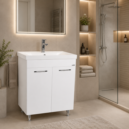 Baza si lavoar ceramic GN0541, mobilier baie stativ 60 cm, front MDF, 2 usi, 2 rafturi, balamale soft close, picioare cromate reglabile, alb