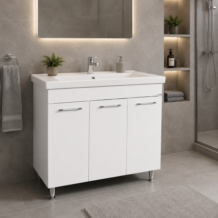 Baze cu lavoar - Baza si lavoar ceramic GN0541, mobilier baie stativ 80 cm, front MDF, 3 usi, 4 rafturi, balamale soft close, picioare cromate reglabile, alb