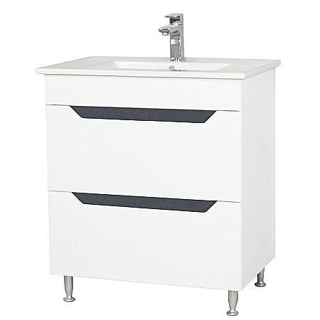 Baza si lavoar ceramic GN0561, mobilier baie stativ 70 cm, front MDF, 2 sertare, glisiere soft close, picioare cromate reglabile, alb/antracit