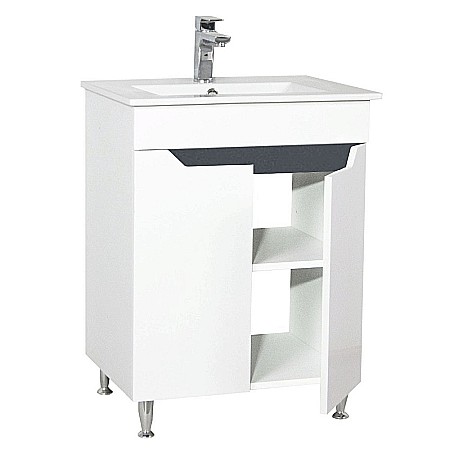 Baza si lavoar ceramic GN0561, mobilier baie stativ 50 cm, front MDF, 2 usi, 2 rafturi, picioare cromate reglabile, alb/antracit [1]