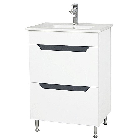 Baza si lavoar ceramic GN0561, mobilier baie stativ 60 cm, dreptunghiular, front MDF, 2 sertare, glisiere soft close, picioare cromate reglabile, alb/antracit [1]