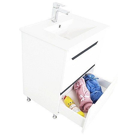 Baza si lavoar ceramic GN0561, mobilier baie stativ 70 cm, front MDF, 2 sertare, glisiere soft close, picioare cromate reglabile, alb/antracit [4]