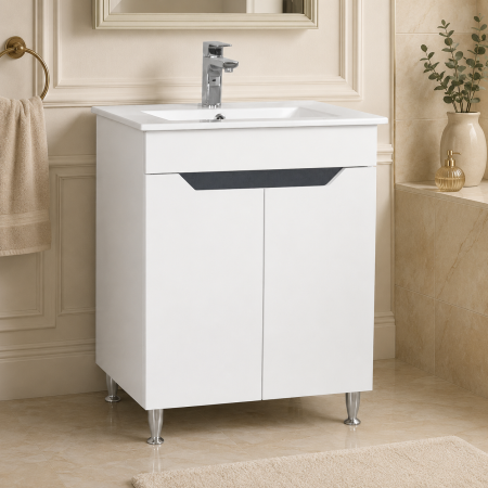 Baze cu lavoar - Baza si lavoar ceramic GN0561, mobilier baie stativ 50 cm, front MDF, 2 usi, 2 rafturi, picioare cromate reglabile, alb/antracit
