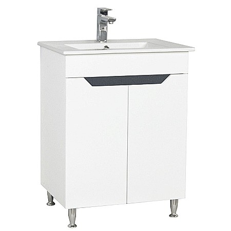 Baza si lavoar ceramic GN0561, mobilier baie stativ 60 cm, front MDF, 2 usi, 2 rafturi, picioare cromate reglabile, alb/antracit