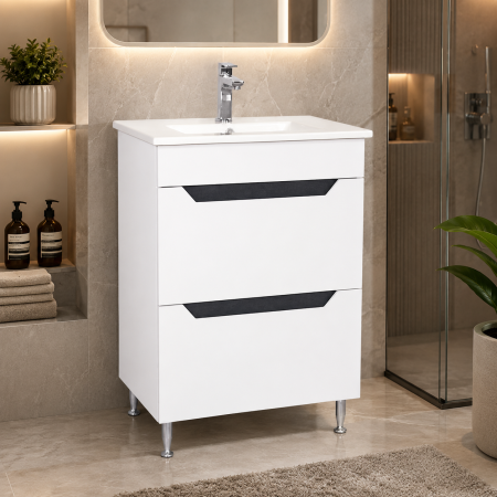 Produse - Baza si lavoar ceramic GN0561, mobilier baie stativ 60 cm, dreptunghiular, front MDF, 2 sertare, glisiere soft close, picioare cromate reglabile, alb/antracit
