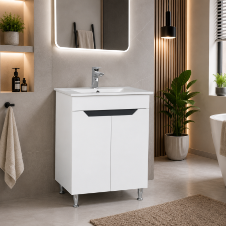 Baza si lavoar ceramic GN0561, mobilier baie stativ 60 cm, front MDF, 2 usi, 2 rafturi, picioare cromate reglabile, alb/antracit