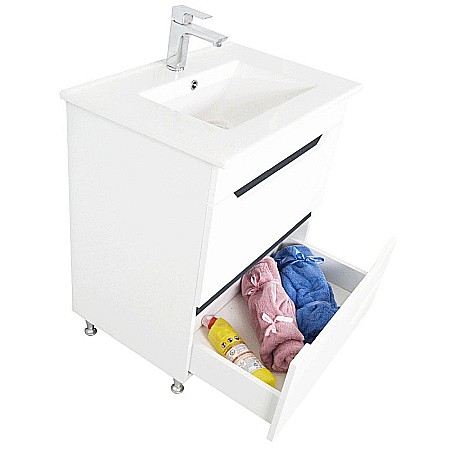 Baza si lavoar ceramic GN0561, mobilier baie stativ 60 cm, dreptunghiular, front MDF, 2 sertare, glisiere soft close, picioare cromate reglabile, alb/antracit [3]