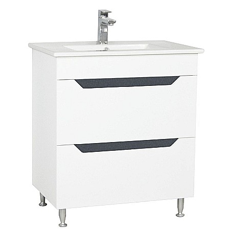 Baza si lavoar ceramic GN0561, mobilier baie stativ 70 cm, front MDF, 2 sertare, glisiere soft close, picioare cromate reglabile, alb/antracit [1]