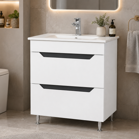 Baza si lavoar ceramic GN0561, mobilier baie stativ 70 cm, front MDF, 2 sertare, glisiere soft close, picioare cromate reglabile, alb/antracit