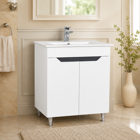 Baza si lavoar ceramic GN0561, mobilier baie stativ 70 cm, front MDF, 2 usi, picioare cromate reglabile, alb/antracit