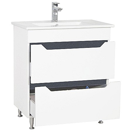 Baza si lavoar ceramic GN0561, mobilier baie stativ 70 cm, front MDF, 2 sertare, glisiere soft close, picioare cromate reglabile, alb/antracit [2]