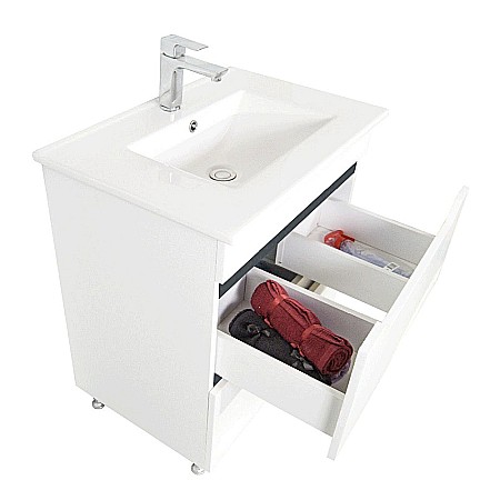 Baza si lavoar ceramic GN0561, mobilier baie stativ 60 cm, dreptunghiular, front MDF, 2 sertare, glisiere soft close, picioare cromate reglabile, alb/antracit [4]