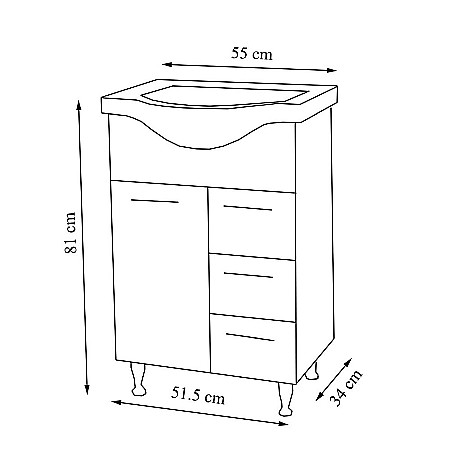 Baza si lavoar ceramic GN1531, mobilier baie stativ 55 cm, front MDF, 2 usi, 2 sertare, balamale soft close, picioare cromate reglabile, alb [3]