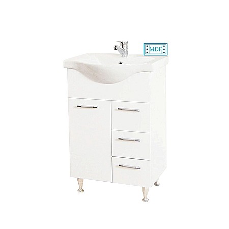 Baze cu lavoar - Baza si lavoar ceramic GN1531, mobilier baie stativ 55 cm, front MDF, 2 usi, 2 sertare, balamale soft close, picioare cromate reglabile, alb