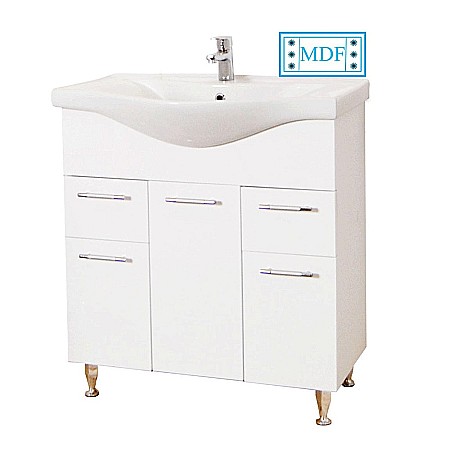 Baze cu lavoar - Baza si lavoar ceramic GN1531, mobilier baie stativ 75 cm, front MDF, 2 usi, 3 sertare, balamale soft close, picioare cromate reglabile, alb